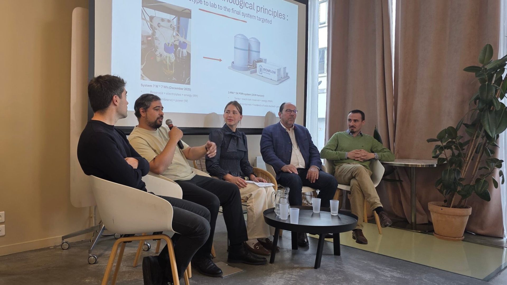 Table ronde FIND × The Climate Tech Observatory sur la filière batterie européenne à la Climate House, avec Loïs Miraux (T&E), Sohaïb El Outmani (Entroview), Malena Reali (ETYC), Yann Gautron (ecosystem) et Maxime Guymard (Ironflow Batteries).